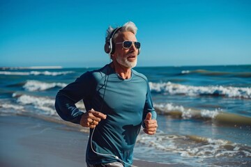 Middle aged man running on the beach wearing headphones