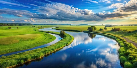 A winding river meanders through lush green fields, the water reflecting the blue sky, creating a picturesque landscape, aerial view, river, fields, green, blue sky, reflection, landscape