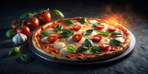 Pizza with melted mozzarella cheese, fresh tomatoes, and basil leaves on a black background, Pizza, mozzarella, cheese, tomatoes, basil, Italian, food, delicious, gourmet, cuisine