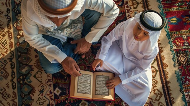 father reading the Muslim holy book to his grandson