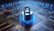 © Nicolas - Locked padlock placed on a computer motherboard. Cybersecurity concept related to the technologies that ensure data security and data privacy. 3D rendered illustration