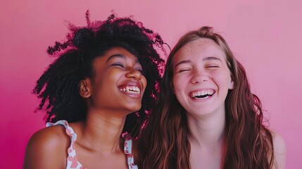 Two curly haired women were smiling and laughing together. The scene is happy and enjoyable