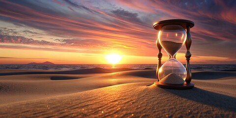 Wall Mural - Hourglass on sand with beach and sea sunset background, hourglass, sand, beach, sea, sunset, time, concept, passing, measurement, hour,glass, sand, shore, waves, relaxation, countdown