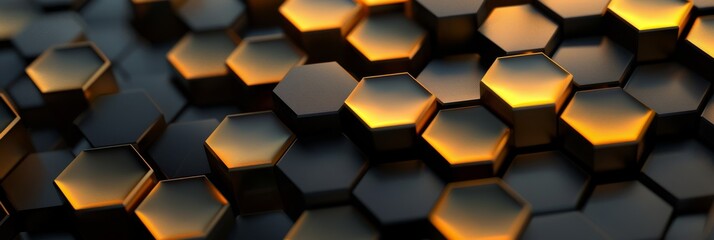 Wall Mural - 3D abstract honeycomb pattern with glowing hexagonal shapes in dark metallic tones, futuristic design.