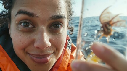 A woman with a smile on her face is holding a crayfish in front of a boat on the water. Her gesture suggests a joyful travel experience on the lake, admiring the naval architecture of the watercraft