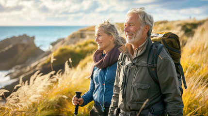 Wall Mural - A happy middle aged couple hiking on a coastal path