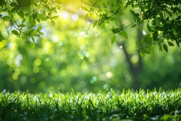 Wall Mural - Green Garden with Lush Foliage and Springtime Background