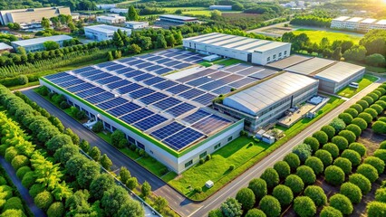 Wall Mural - A modern, green factory with solar panels on the roof and lush vegetation surrounding the building, sustainable factory, green factory, solar panels, eco-friendly, renewable energy