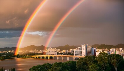 Wall Mural - Majestic city skyline under a stunning double rainbow amidst a dramatic sunset following a thunderstorm