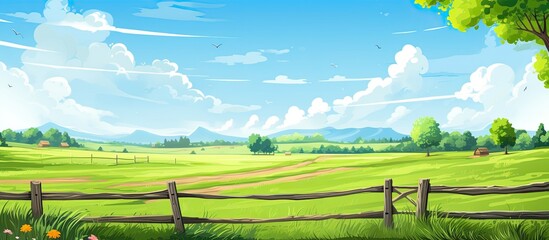 Poster - Wooden fence background with fresh spring green grass and leafy plants, perfect for copy space image.