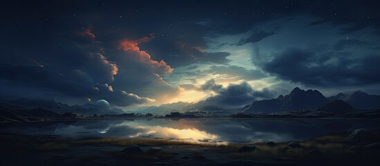 Wall Mural - a tranquil evening sky adorned with stars over a frozen lake with snow-covered rocks, providing an e