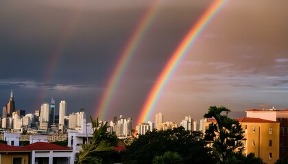 Wall Mural - Majestic city skyline under a stunning double rainbow amidst a dramatic sunset following a thunderstorm
