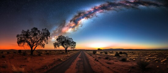 Wall Mural - a road stretching out towards the milky way galaxy in a mesmerizing copy space image.