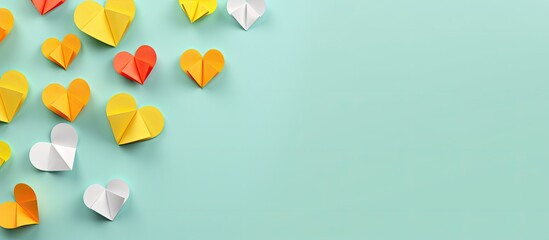 Wall Mural - Colorful origami hearts in white cupcake molds on a modern, vibrant, romantic background with geometric volume. Colored hearts with a selective focus for a copy space image.