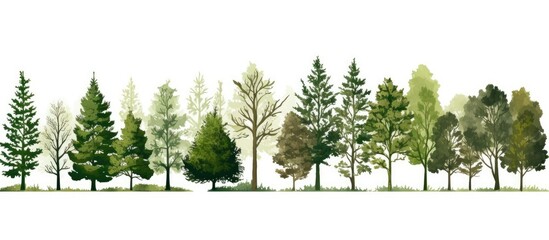 Sticker - rows of green trees and bushes in a summer forest setting against a white background with copy space