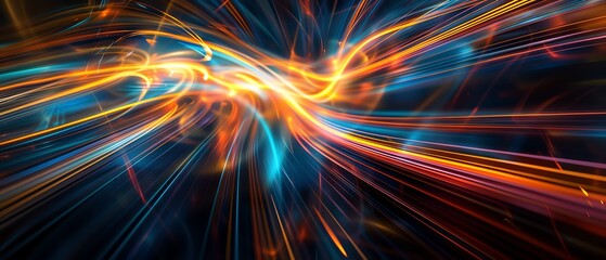 A futuristic abstract design with glowing, multicolored light trails in shades of blue, orange, and yellow, creating a dynamic and energetic visual effect against a dark background