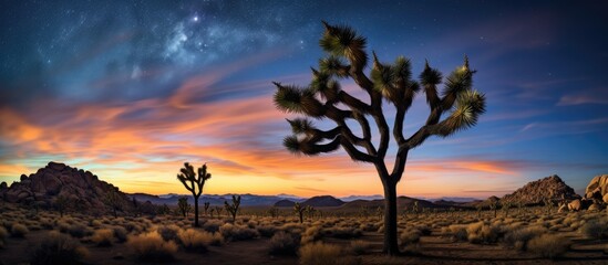 Wall Mural - Joshua Tree night sky featuring black and white stars with copy space image available.