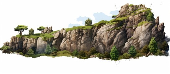 Wall Mural - A picture of trees, rocks, and stones on a mountain with a white background is available for use as a copy space image.