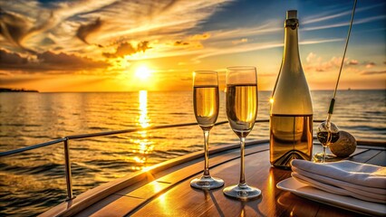 A golden sunset casts a warm glow on a bottle of champagne and two elegant glasses resting on a polished yacht deck, while a sailboat sails serenely in the distance, champagne, sunset, yacht