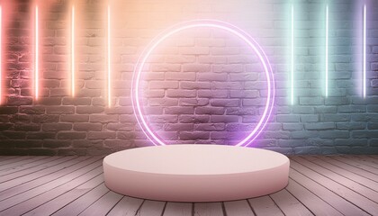 Wall Mural - mock up circle podium with neon glow blue and purple light and brick wall backdrop, showcase for fas