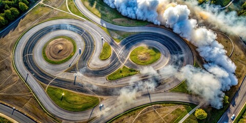 Wall Mural - An aerial perspective of a racetrack, showing the abstract patterns of tire marks and wispy trails of smoke, captured in a dynamic moment of speed and power, aerial, racetrack, tire marks