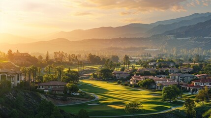 A stunning golf course at sunset with luxurious homes nestled among green fairways and scenic mountain backdrop.