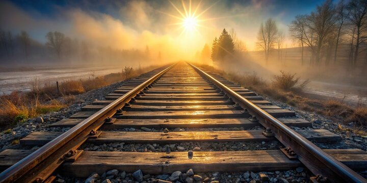 The sun peeks through a thick fog, casting long shadows across weathered wooden railroad ties, as a train whistle echoes in the distance, railroad tracks, misty morning, fog, sunrise