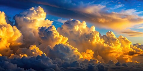 A vast, ethereal expanse of cotton-like cumulus clouds billowing across a deep blue sky, their edges illuminated by a golden sun filtering through the layers, clouds, sky, cumulus, blue, sun