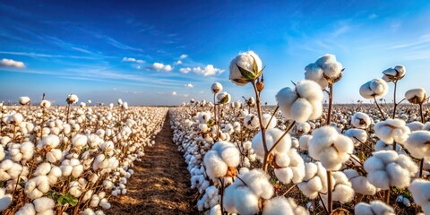 Wall Mural - Rows of fluffy white cotton bolls hang heavy on the branches, ready for harvest, under a clear blue sky, cotton field, harvest, agriculture, farming, rural, countryside, white, fluffy