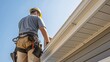© CHOI POO - A construction worker installing a piece of fascia on the eaves of a house.
