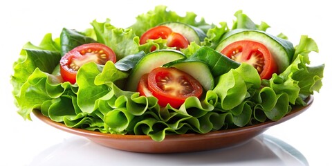 Wall Mural - A fresh salad with sliced tomatoes and cucumbers wrapped in crisp lettuce leaves, isolated against a white background, tomatoes, cucumbers, lettuce, salad, fresh, healthy, green, red, white