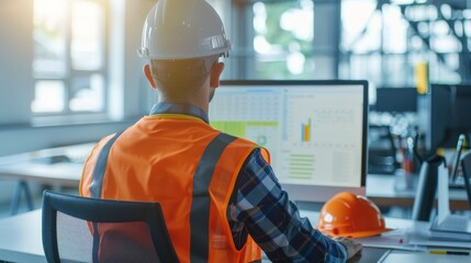 an engineer in a high vis vest sitting at the desk in front of his monitor in a modern office space