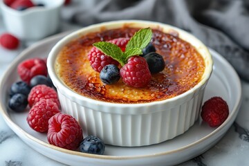 Creme Brulee with a perfectly caramelized sugar crust. Served in a white ramekin with fresh berries and mint leaves on the side. --ar 3:2 --style raw --stylize 750 Job ID: fa4f6574-bdb8-4b8c-97fe-8ce3