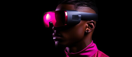 A young African man is depicted wearing virtual reality goggles in a VR concept, with a pink background and copy space image.