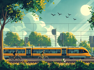 Environmentally friendly transport surrounded by nature. Cyclist and green electric car on the road, yellow electric train on the railway, dense forest and trees, charging station with solar panels.