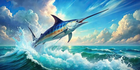Wall Mural - A vibrant blue marlin leaps from the turquoise water, its sword held high, with splashes of white and a backdrop of sun-drenched clouds in a watercolor style, watercolor, blue marlin, swordfish