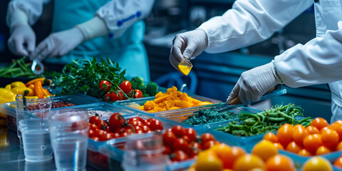 person in a lab coat preparing food in a professional kitchen, man in a white lab coat and glasses, wearing red gloves, is cutting a vegetable on a cutting board with a knife,