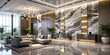 © wasana - A sleek, modern lobby with a dramatic marble accent wall, showcasing high-end finishes and contemporary furniture, exuding luxury and sophistication, marble wall, modern lobby