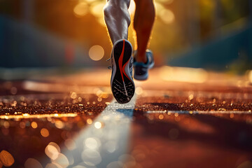 Wall Mural - The feet of a runner in motion on a track lane, showcasing athleticism, speed, and determination in pursuit of fitness and victory