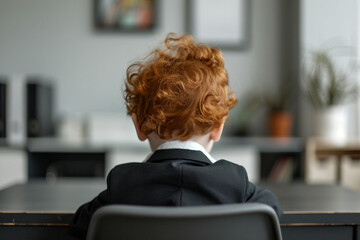 Wall Mural - AI generated image of little cute boy child wearing office clothes like an adult