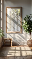 Wall Mural - Rustic Interior With Dried Flowers, Wooden Stool, and Empty Frame in Natural Light