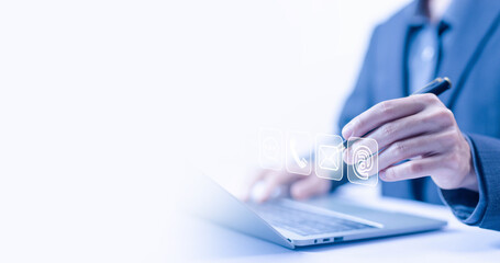 Wall Mural - businessman using a laptop to contact customer support. help from mail websites digital technology o