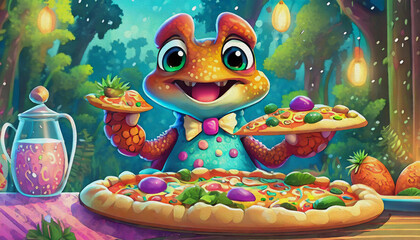Wall Mural - oil painting style cartoon character A happy baby Red rock crab at the table is eating fresh pizza