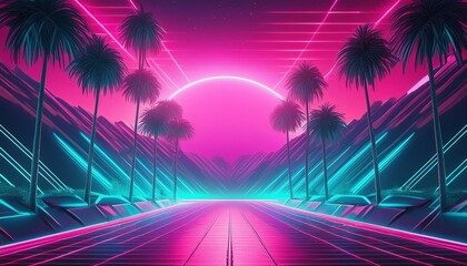Wall Mural - neon pink and teal 80s retro design with tropical palm leaves. concept 80s retro design, neon pink, 