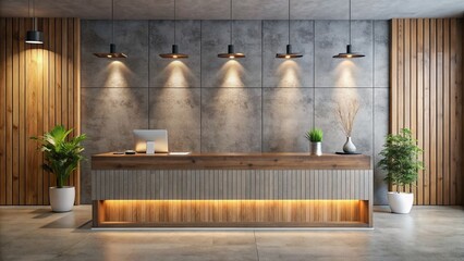 Wall Mural - Modern wooden reception desk stands against a rugged concrete wall in a sleek corporate interior, illuminated by soft, warm lighting in a futuristic 3d rendered scene.