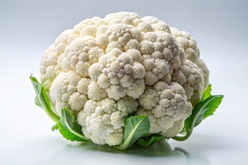 Wall Mural - A pristine white cauliflower, its florets tightly clustered, sits on a stark white background, emphasizing its vibrant white color and intricate detail, cauliflower, white, background