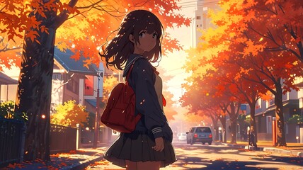  Cute schoolgirl on streets fall, illustration autumn design wallpaper