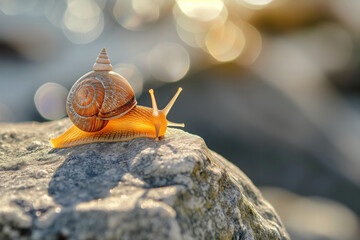 Snail on a rock with a small conical shell hat, outdoors with a bokeh background..