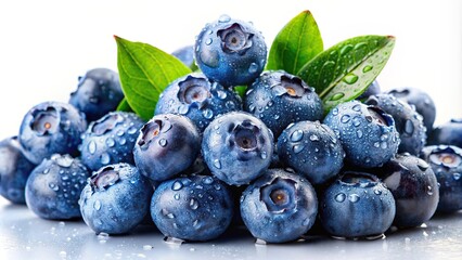 Wall Mural - A cluster of plump, vibrant blueberries sits on a pristine white backdrop, glistening with fresh water droplets, highlighting their juicy freshness, blueberries, water droplets