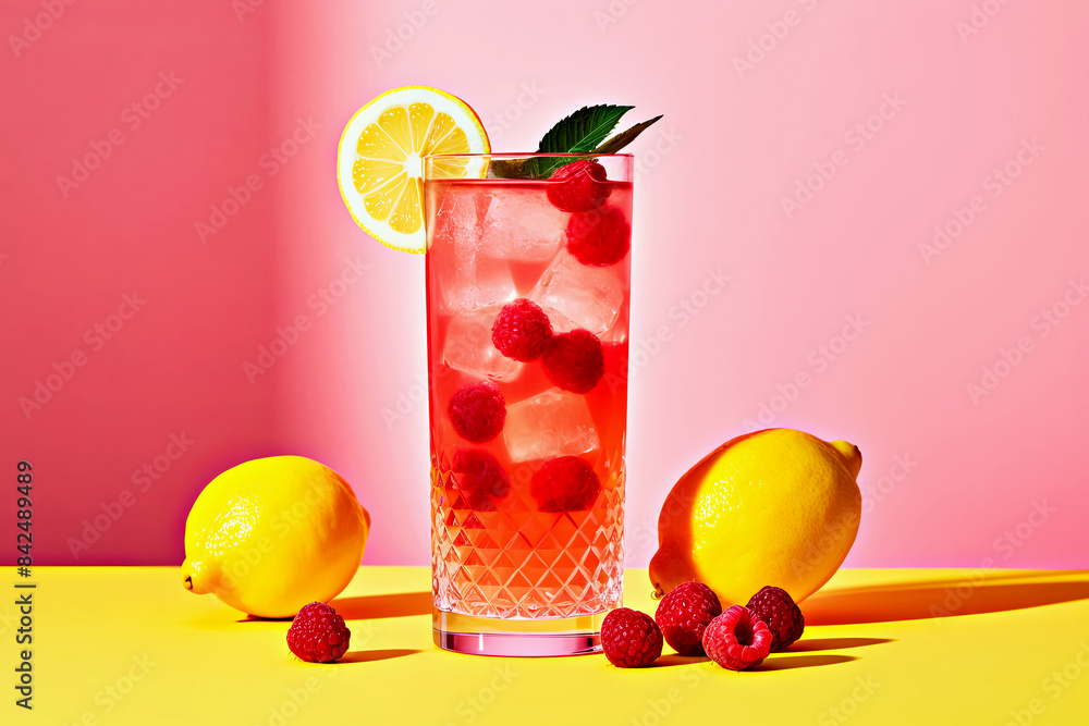 Vibrant citrus and raspberry drink, vividly presented with fresh lemons ...